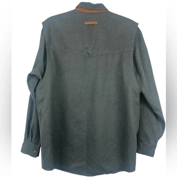 Schnees rifleman flannel shacket in grey w/leather trim collar. Size large GUC - Picture 2 of 11